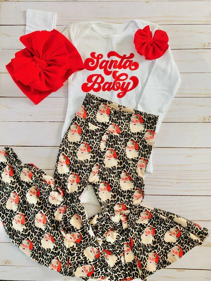 (Custom Design Preorder MOQ 5) Santa Baby Leopard Bell Pants Girls Christmas Clothes Set