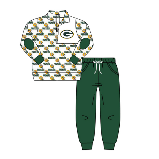 (Custom Design Preorder MOQ 5) Green football team's print button pullover shirts pants boys fall clothes set