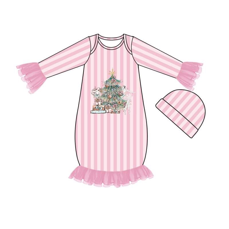 (Custom Design Preorder MOQ 5) Pink stripes Christmas tree print baby girls gown with hat newborn clothes