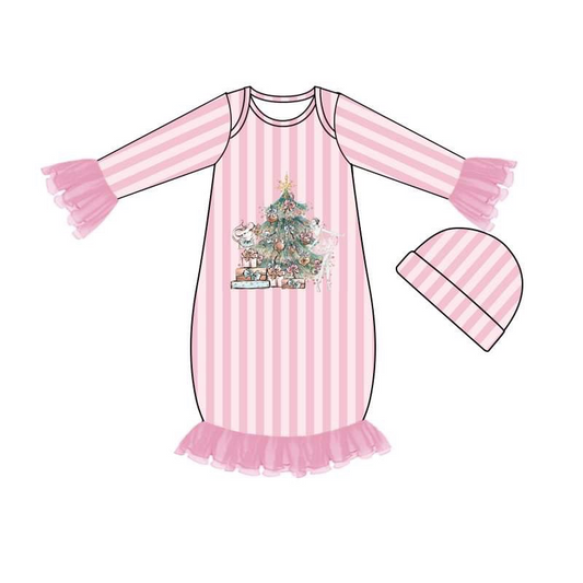 (Custom Design Preorder MOQ 5) Pink stripes Christmas tree print baby girls gown with hat newborn clothes