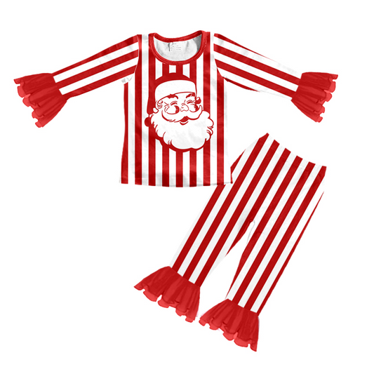 (Custom Design Preorder MOQ 5) Red Stripes Santa Print Tulle Ruffles Pants Girls Christmas Clothes Set