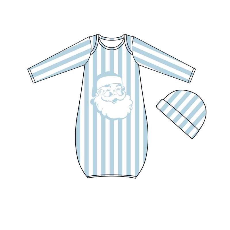 (Custom Design Preorder MOQ 5) Blue stripes Christmas Santa print baby boys gown with hat newborn clothes