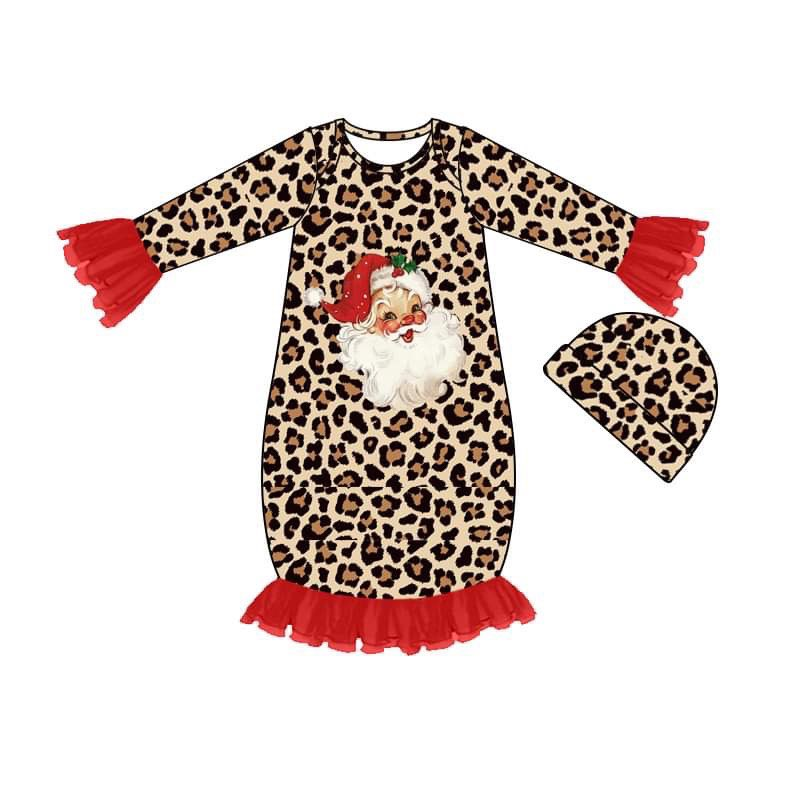 (Custom Design Preorder MOQ 5) Leopard Christmas Santa print baby girls gown with hat newborn clothes