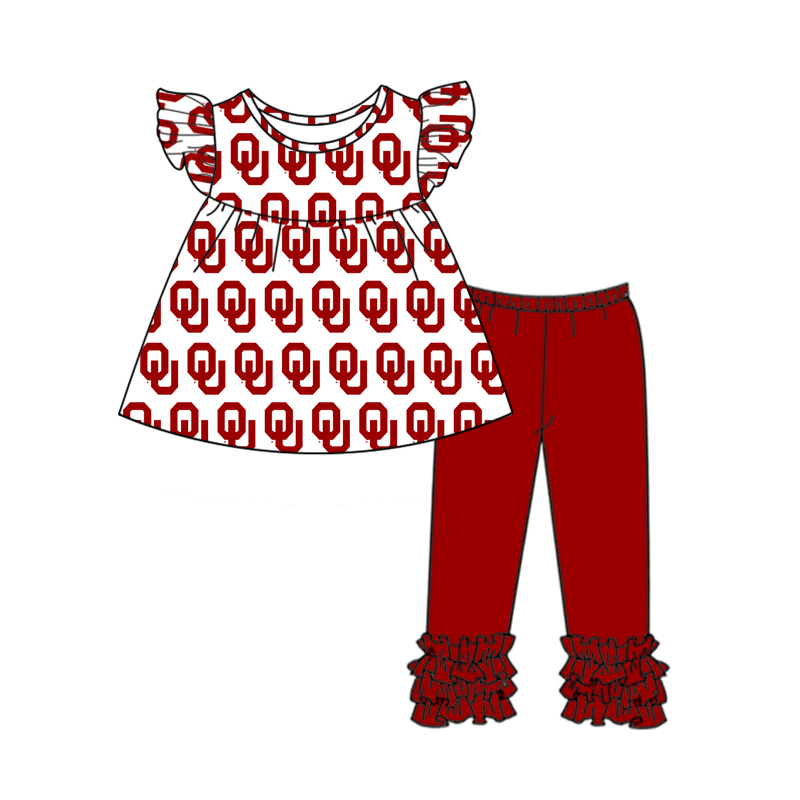 (Custom Design Preorder MOQ 5) Flutter Sleeve Red Football Team's Top Legging Pants Girls Clothes Set