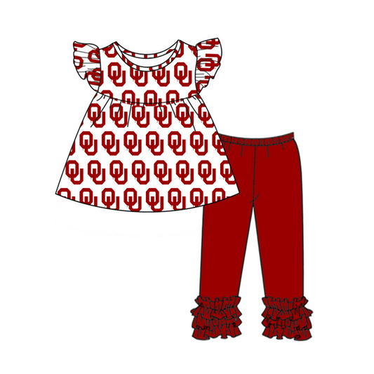 (Custom Design Preorder MOQ 5) Flutter Sleeve Red Football Team's Top Legging Pants Girls Clothes Set