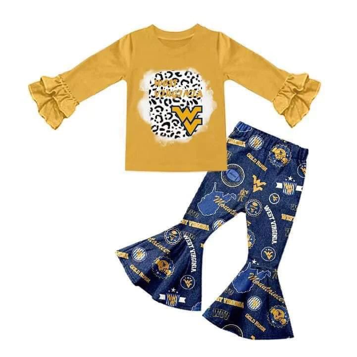 (Custom Design Preorder MOQ 5) Mustard Football Team's Top Bell Pants Girls Clothes Set