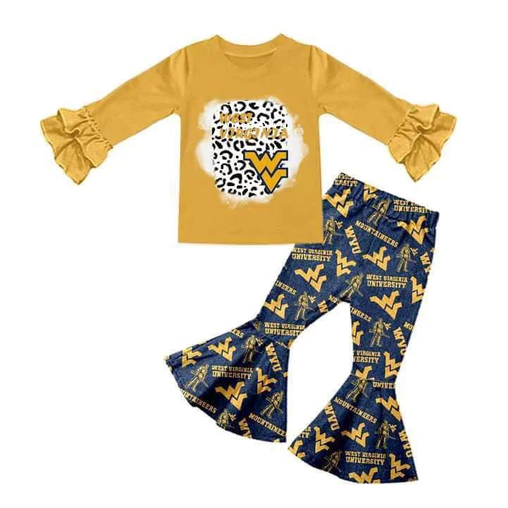 (Custom Design Preorder MOQ 5) Mustard Football Team's Top Navy Bell Pants Girls Clothes Set