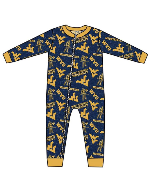 (Custom Design Preorder MOQ 5) Baby Mustard Navy Football Team's Print Infant Zipper Romper