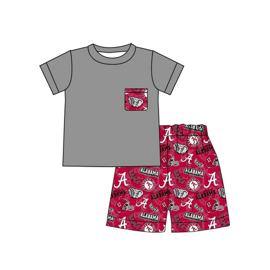 (Custom Design MOQ 5)  Boys Grey Top Football Team's Print Shorts Clothes Set