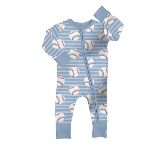 (Custom Design Preorder MOQ 5) Blue Baseball Print Baby Boys Zip Romper