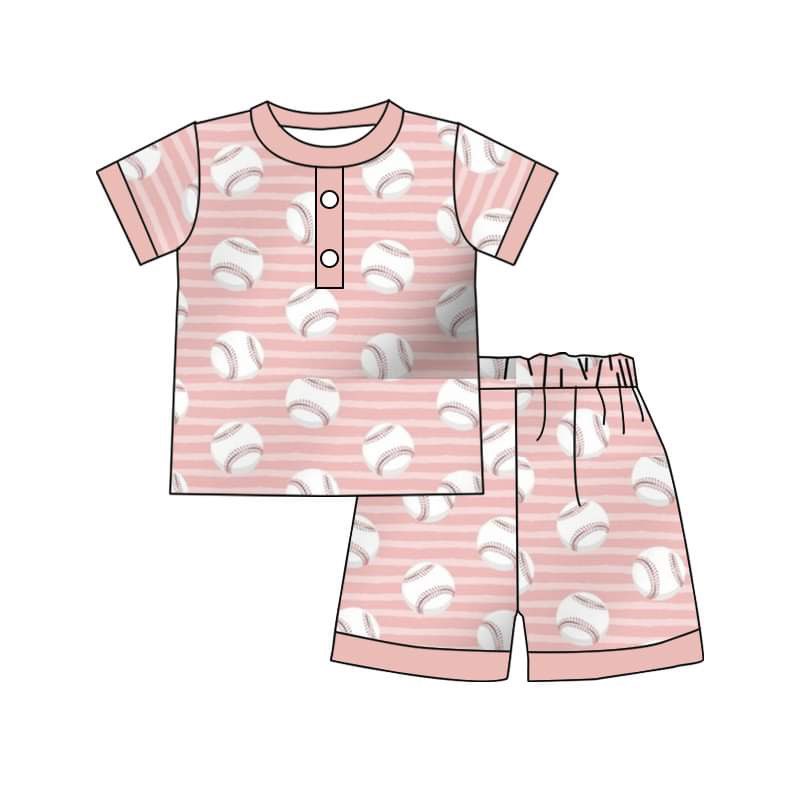 (Custom Design Preorder MOQ 5) Blue Baseball Print Girls Shorts Pajamas Clothes Set