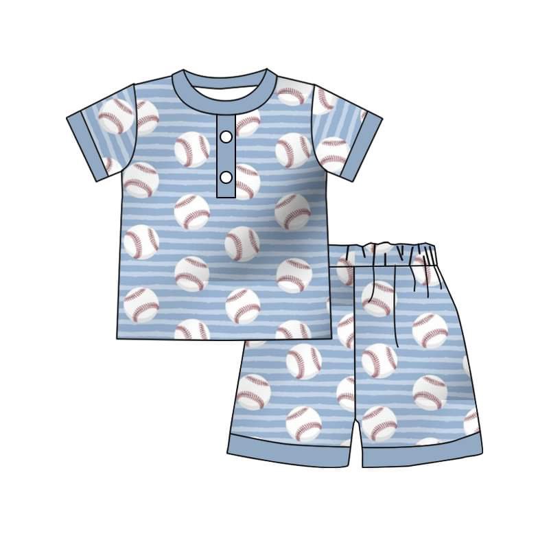 (Custom Design Preorder MOQ 5) Blue Baseball Print Boys Shorts Pajamas Clothes Set