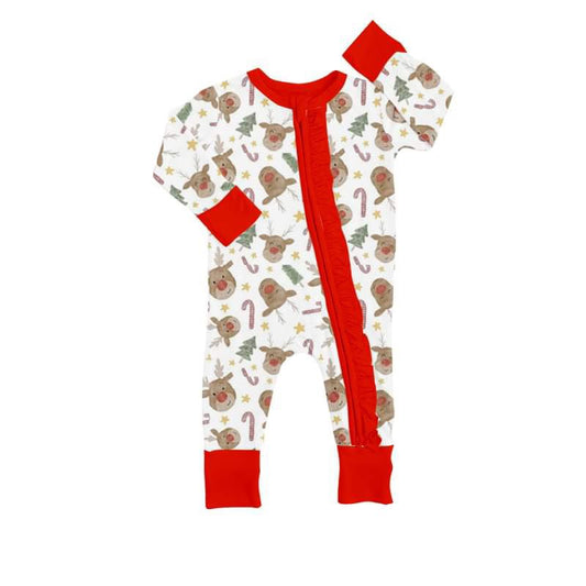 (Custom Design Preorder MOQ 5) Deer Print Baby Christmas Zip Romper