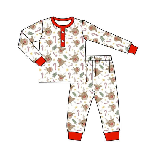 (Custom Design Preorder MOQ 5) Deer Print Kids Christmas Pajamas Clothes Set