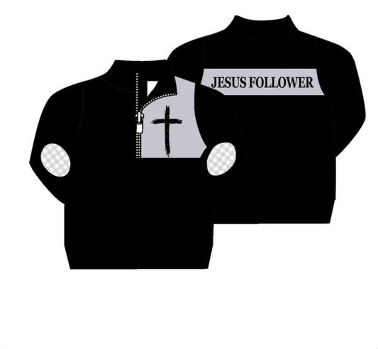 (Custom Design MOQ 5) Boys black jesus long sleeve zipper pullover shirts