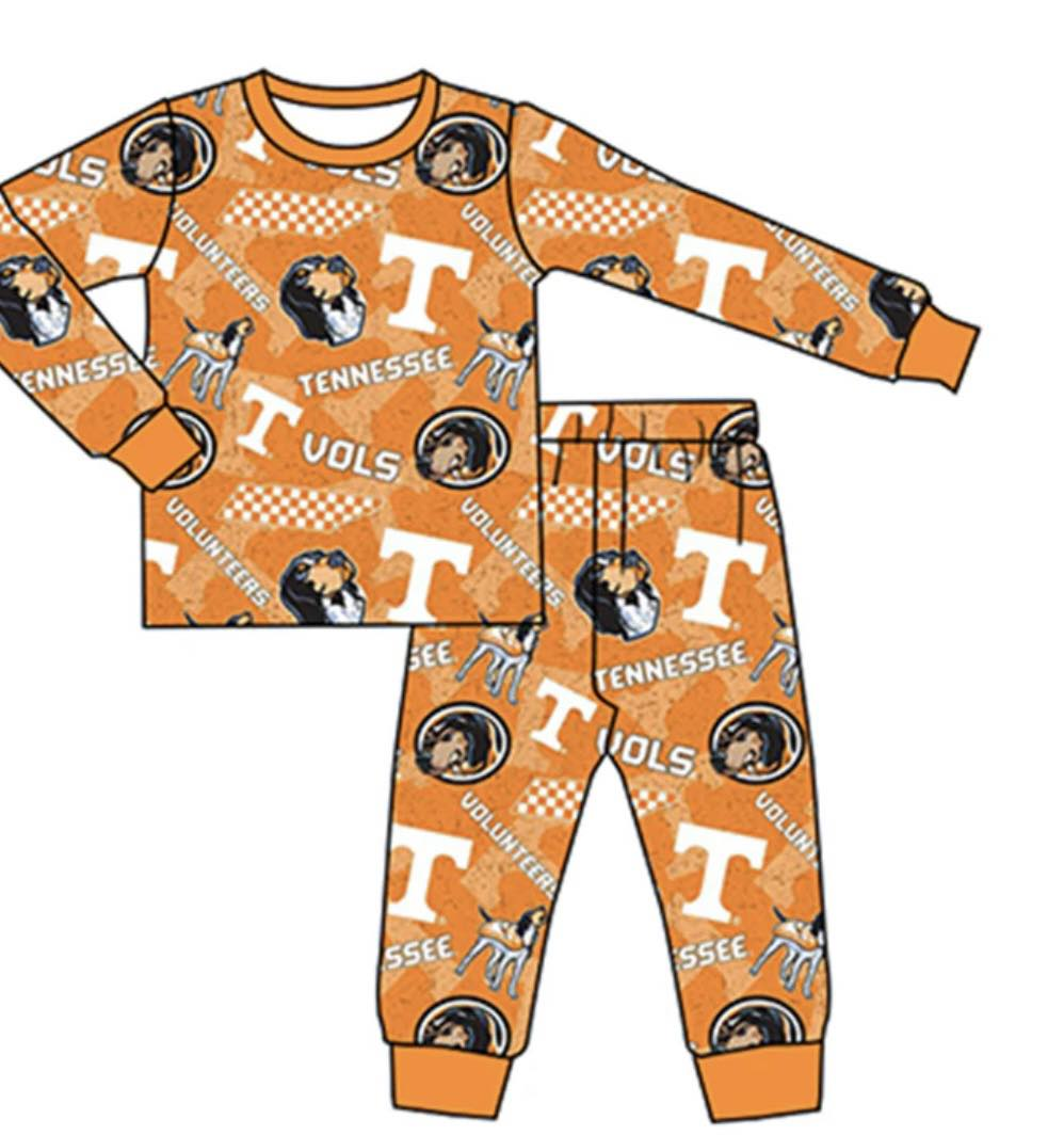 (Custom Design MOQ 5) Orange Football Team's Print Kids Pajamas Clothes Set