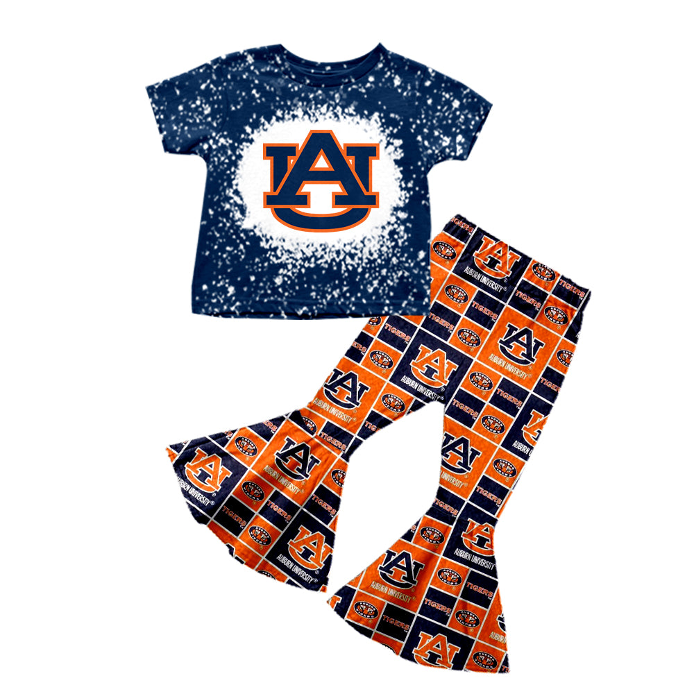 (Custom Design MOQ 5)  Football Team's Print Girls Bell Pants Clothes Set