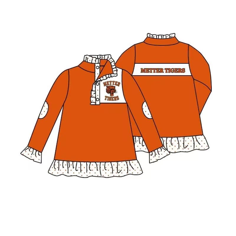 (Custom Design MOQ 5)  Girls orange football team's long sleeve button pullover shirts