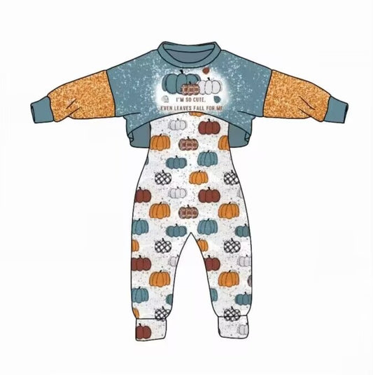 (Custom Design MOQ 5)  Fall Pumpkin Girls Jumpsuits Clothes Set