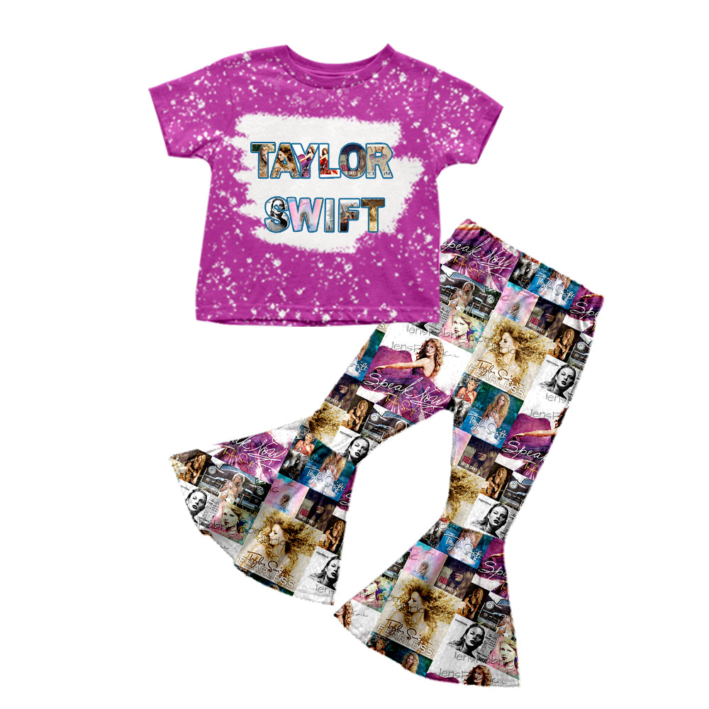 (Custom Design MOQ 5)  Purple Singer Print Girls Bell Pants Clothes Set