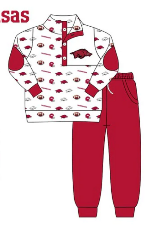 (Custom Design MOQ 5)  Red football team's print button pullover shirts pants girls fall clothes set