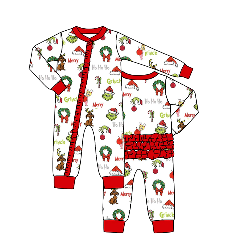 (Custom Design MOQ 5)  Merry Christmas Print Ruffles Baby Girls Zip Romper