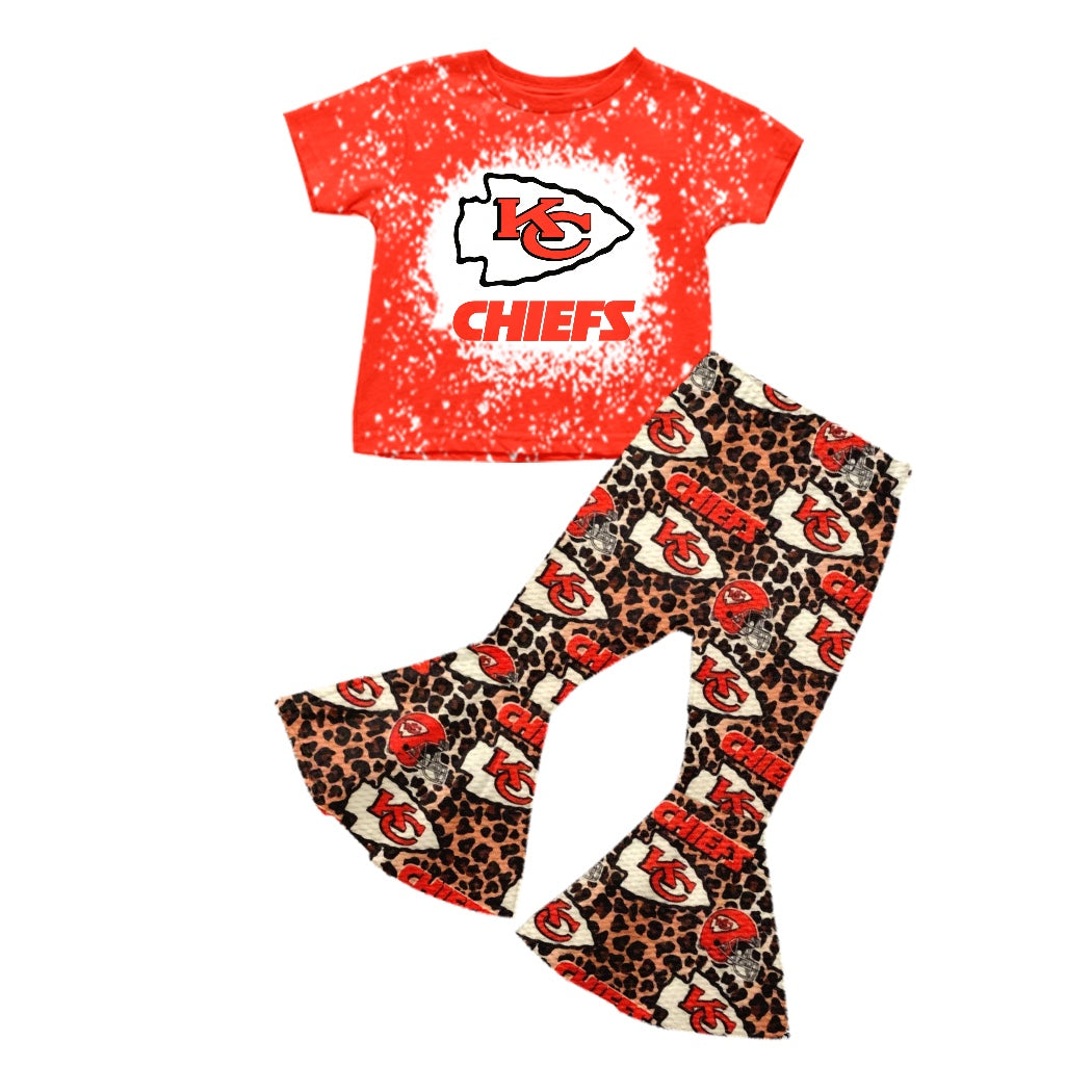 (Custom Design MOQ 5)  Red Football Team's Print Girls Bell Pants Clothes Set