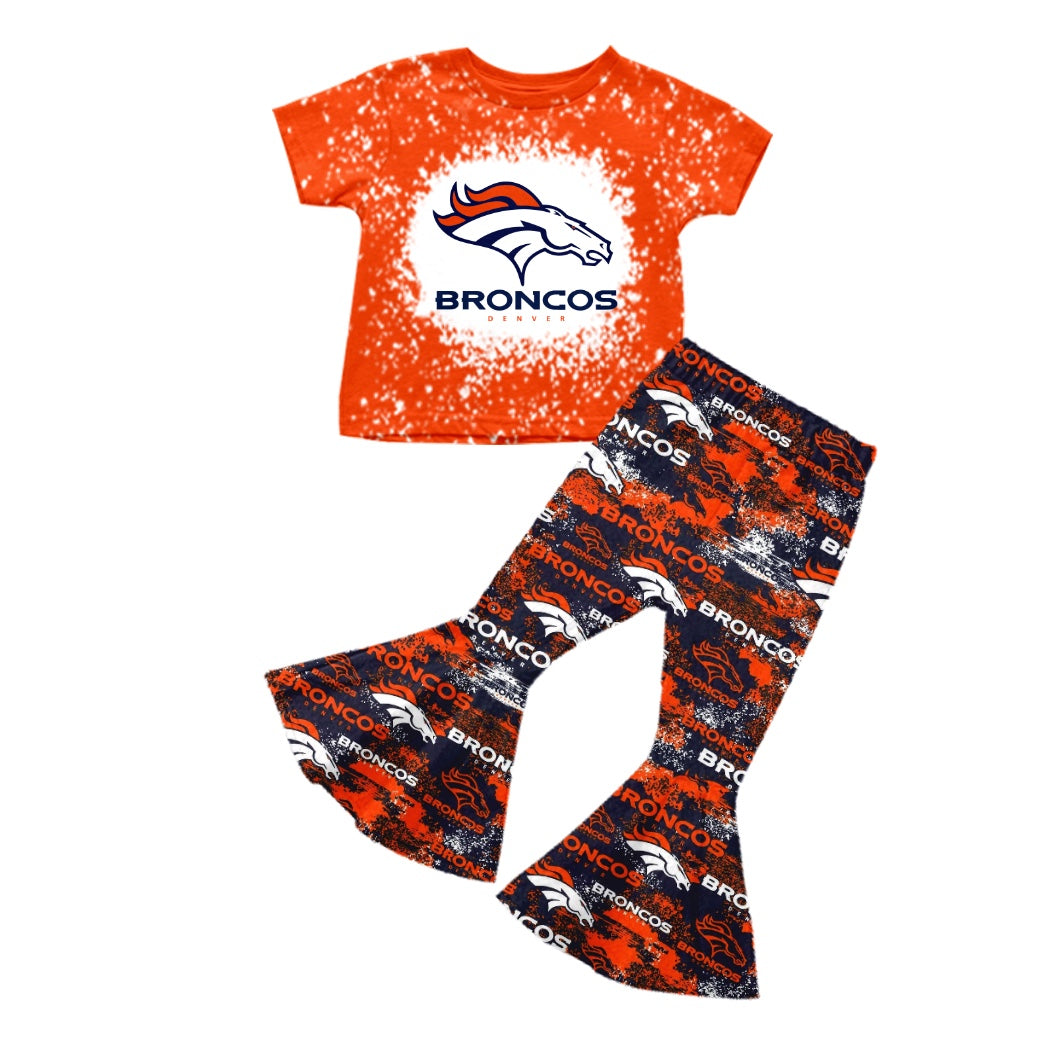 (Custom Design MOQ 5)  Orange Football Team's Print Girls Bell Pants Clothes Set