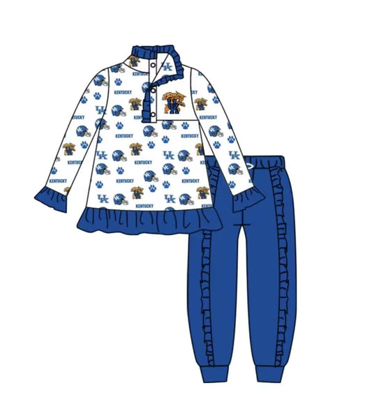 (Custom Design MOQ 5)  Blue football team's print button pullover shirts pants girls fall clothes set