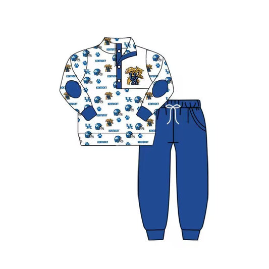 (Custom Design MOQ 5)  Blue football team's print button pullover shirts pants Boys fall clothes set