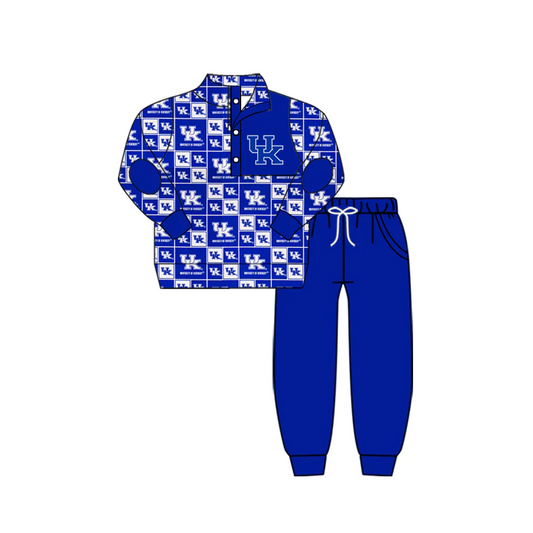 (Custom Design MOQ 5)  Blue football team's print button pullover shirts pants boys fall clothes set