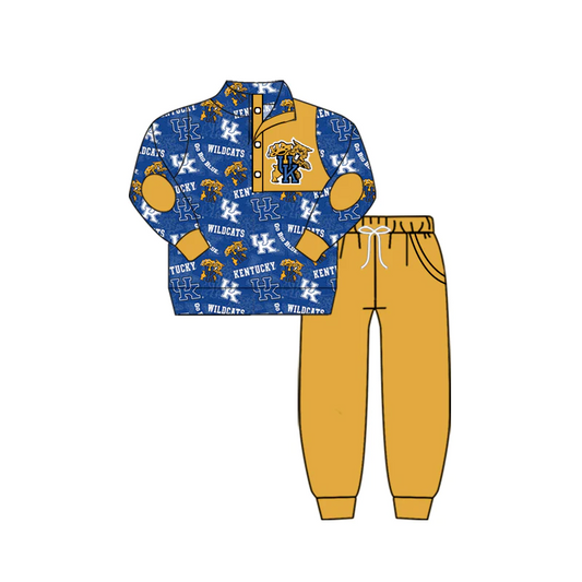 (Custom Design MOQ 5)  Blue football team's print button pullover shirts pants boys fall clothes set