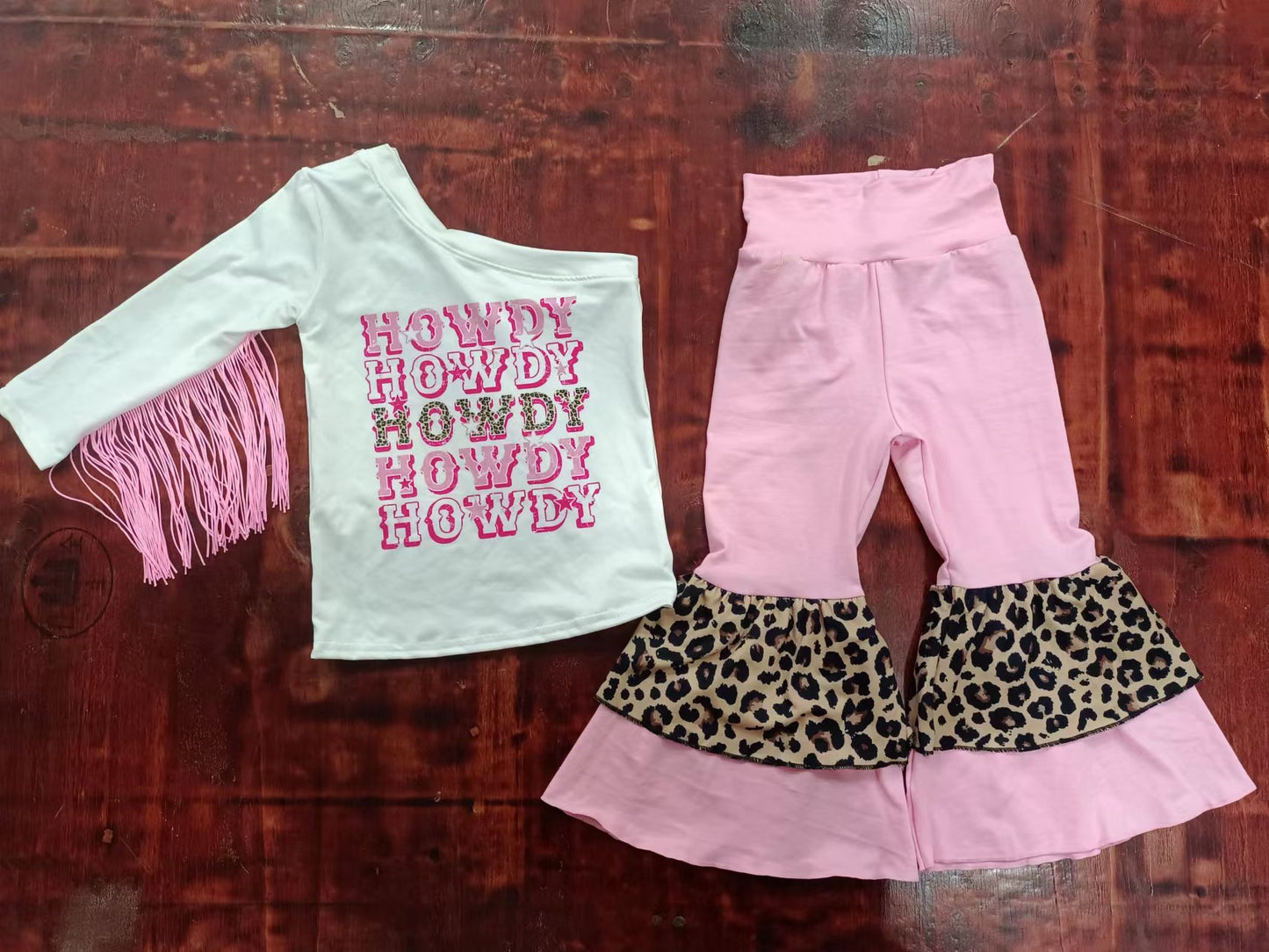 (Custom Design MOQ 5) Howdy One Shoulder Tassels Top Pink Bell Pants Girls Western Clothes Set