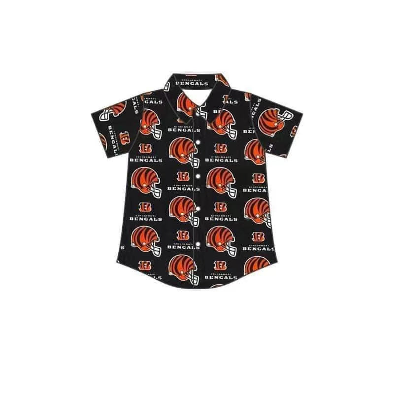 (Custom Design MOQ 5)  Boys Black Orange Football Team's Print button tee shirts top