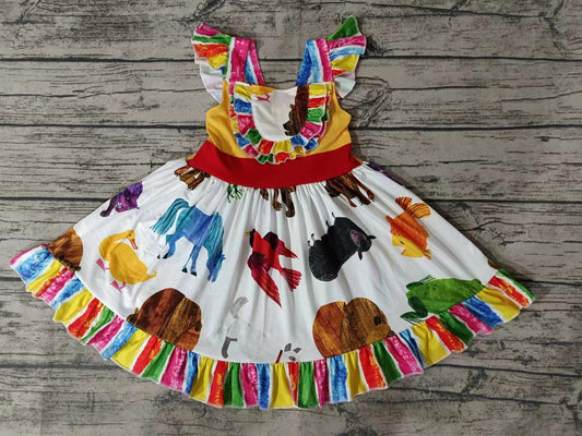 (Custom Design MOQ 5) Colorful Animals Stripes Baby Girls Knee Length Dress