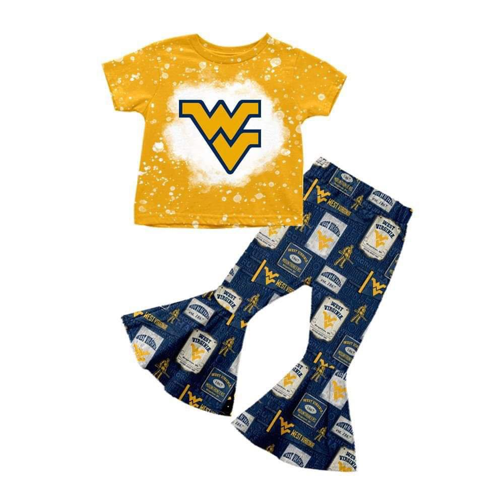 (Custom Design MOQ 5) Yellow Football Team's Print Girls Bell Pants Clothes Set