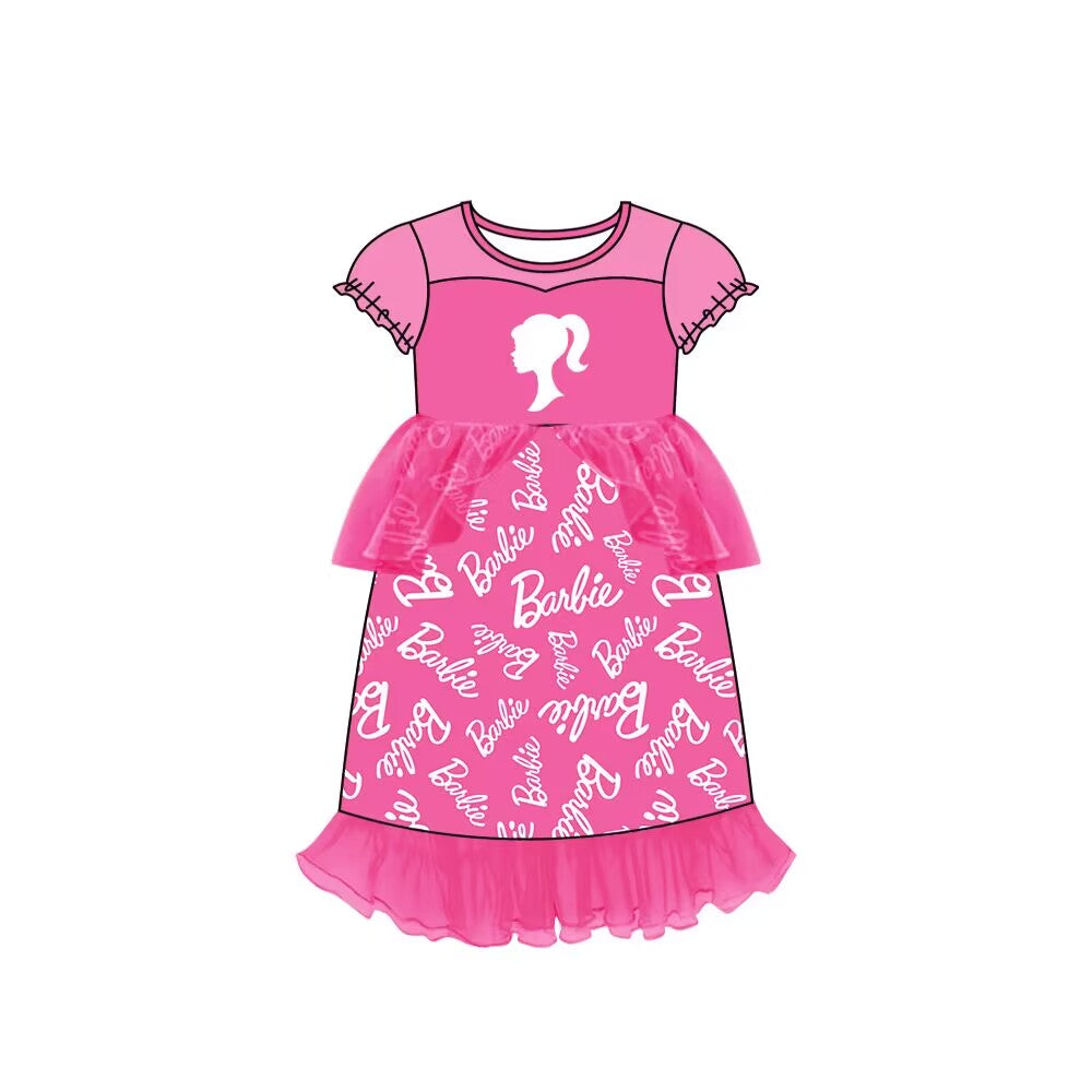 (Custom Design MOQ 5)  Hot pink BA print girls tulle dress