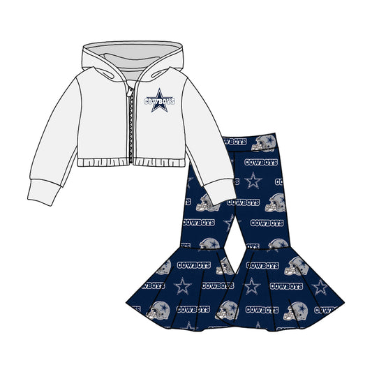 (Custom Design MOQ 5) Navy Star Football Team's Print Bell Pants Hoodie Jacket Top Girls Clothes Set