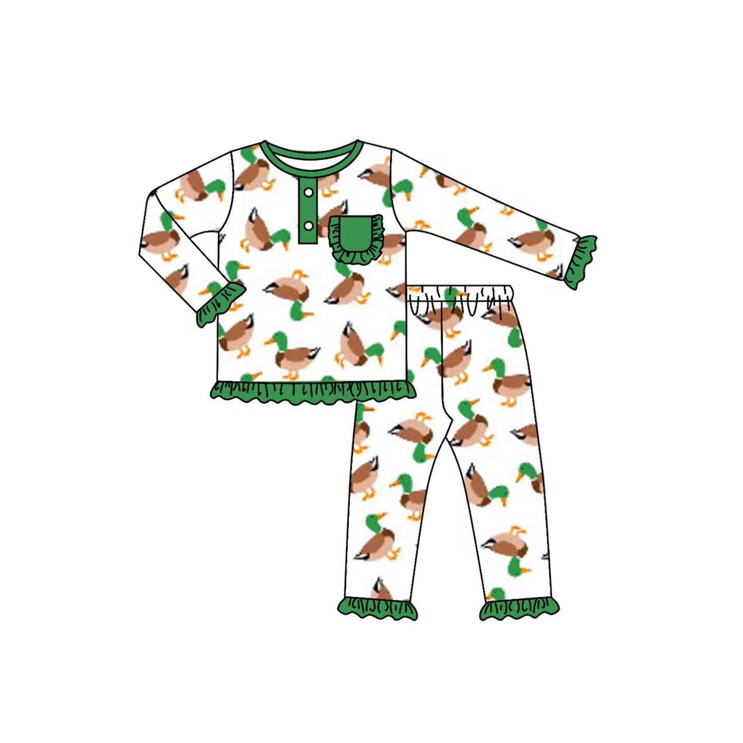 (Custom Design MOQ 5) Green Duck Girls Pajamas Clothes Set