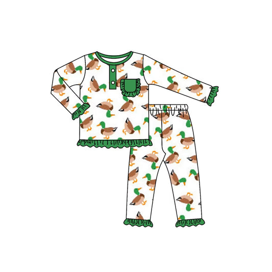 (Custom Design MOQ 5) Green Duck Girls Pajamas Clothes Set