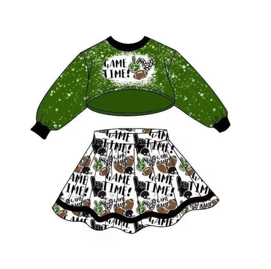 (Custom Design MOQ 5) Game Time Football Print Skirts With The Shorts Girls Clothes Sets