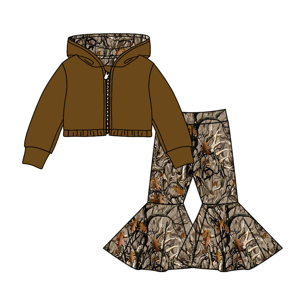 (Custom Design MOQ 5) Dark Brown Camo Print Bell Pants Hoodie Jacket Top Girls Clothes Set