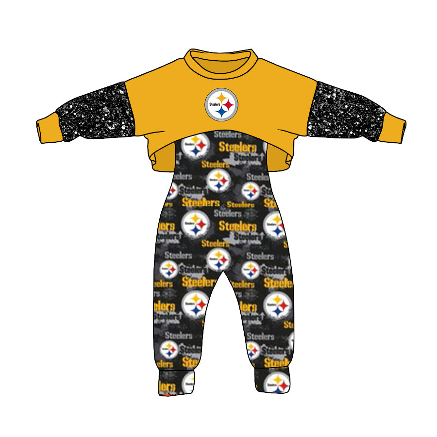 (Custom Design MOQ 5) Yellow Football Team's Print Girls Jumpsuits Clothes Set