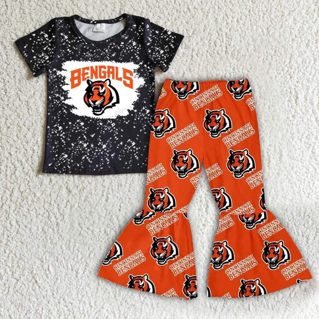 (Custom Design MOQ 5) Orange Football Team's Bell Pants Girls Clothes Set