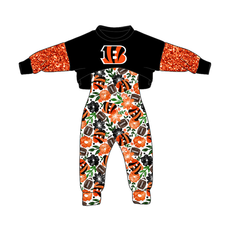 (Custom Design MOQ 5) Orange Flowers Football Team's Girls Jumpsuits Clothes Set