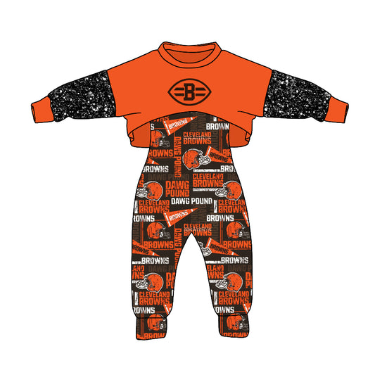 (Custom Design MOQ 5) Orange Football Team's Girls Jumpsuits Clothes Set