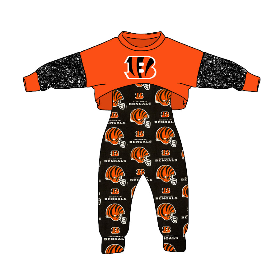 (Custom Design MOQ 5) Orange Black Football Team's Girls Jumpsuits Clothes Set