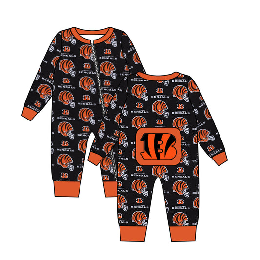 (Custom Design MOQ 5) Orange Football Team's Baby Zip Romper