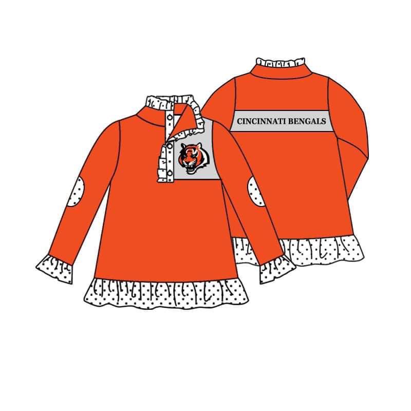 (Custom Design MOQ 5) Girls orange football team's long sleeve button pullover shirts