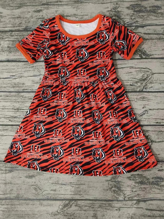 (Custom Design MOQ 5) Girls Orange Football Team's Knee Length Dress